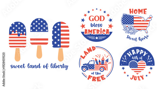 Patriotic icons set, American symbols. Includes freedom, God bless America, sweet land of liberty, happy 4th of July. Created in flat style with red, white, and blue colors