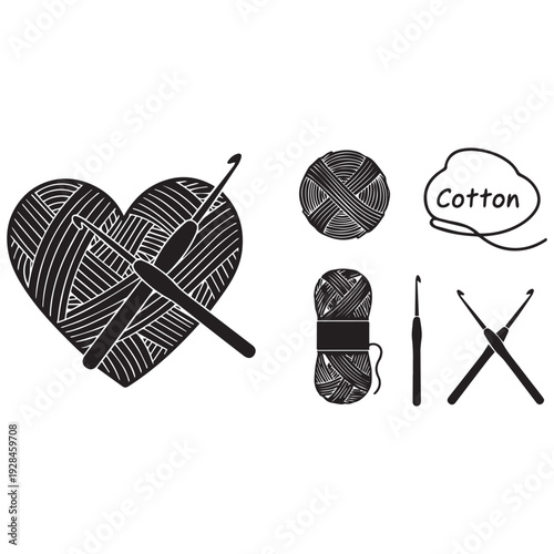 Black line art of yarn balls with knitting needles and crochet hooks