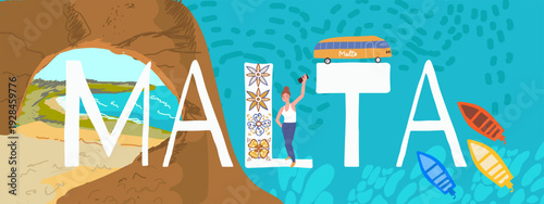 Malta text, travel around Europe, Flyer, invitation, sticker, banner. Vector hand drawn illustration.