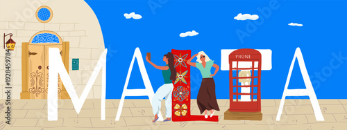Malta text, travel around Europe, Flyer, invitation, sticker, banner. Vector hand drawn illustration.