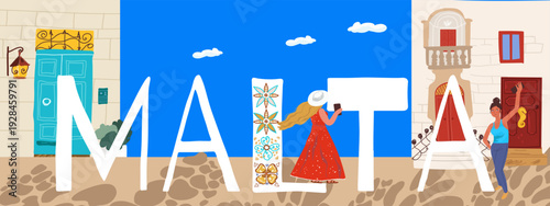 Malta text, travel around Europe, Flyer, invitation, sticker, banner. Vector hand drawn illustration.