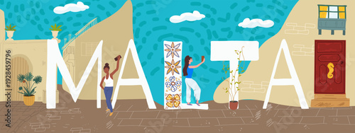 Malta text, travel around Europe, Flyer, invitation, sticker, banner. Vector hand drawn illustration.