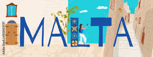 Malta text, travel around Europe, Flyer, invitation, sticker, banner. Vector hand drawn illustration.