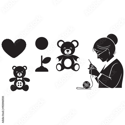 Woman knitting teddy bear with yarn and needles