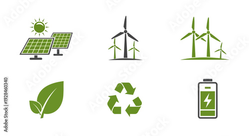 Essential vector collection of eco-friendly symbols showcasing various green energy sources and environmental sustainability concepts for a cleaner planet