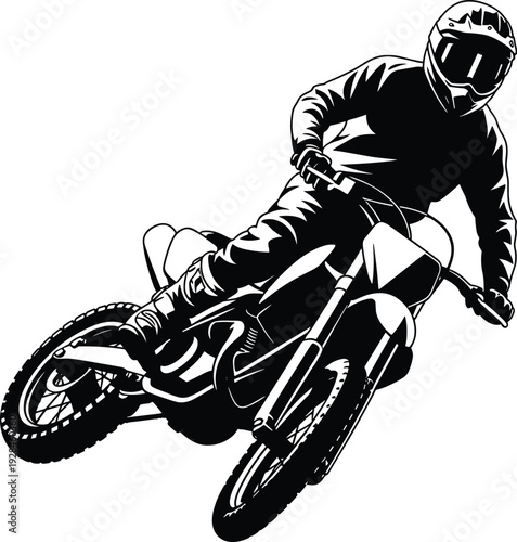 Black and white motocross rider silhouette drawing flat vector illustration of a motorcycle 