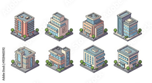 Isometric pixel art buildings collection