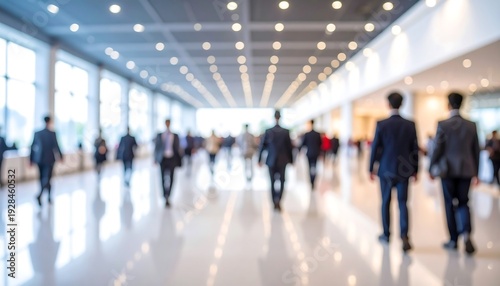 Blurred Crowd of Business People Walking in Modern Hallway.