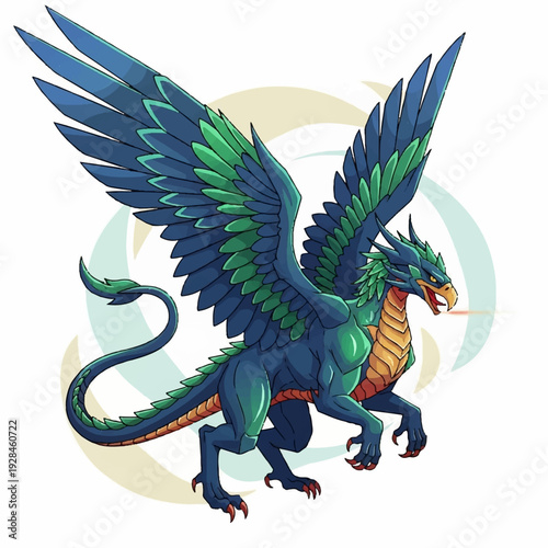 Fantasy dragon with vibrant blue and green wings.