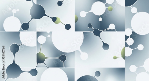 Molecular structure illustration with connected spheres in gray white and green on a gradient background forming a seamless pattern