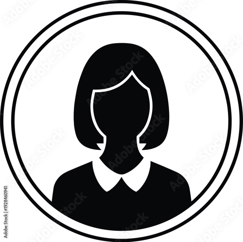 Professional female user profile icon, black and white silhouette, circular border, collared shirt, digital avatar, identification system representation.