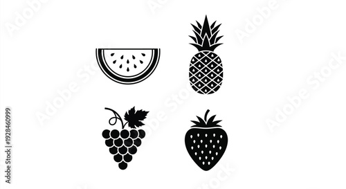 Black fruit illustrations including watermelon grapes and strawberry silhouette