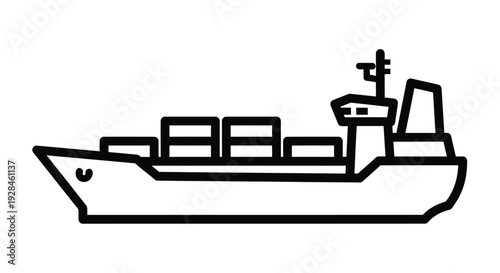 Simple black and white line drawing of a cargo ship on a white background