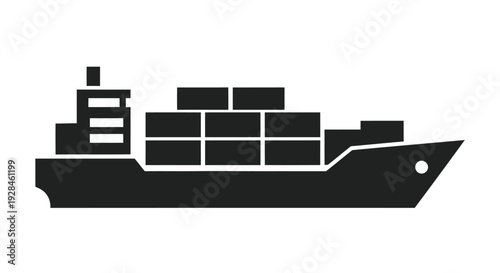 Simple black silhouette of a container ship with stacked cargo boxes
