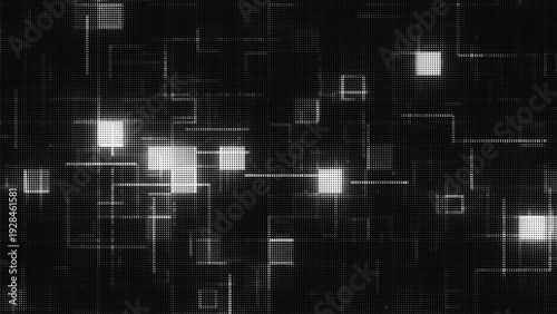 Black and white digital grid with glowing halftone dots and geometric shapes, dark abstract background