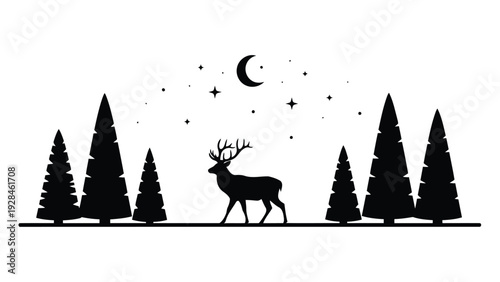 A solitary reindeer stands majestically under a moonlit forest canopy at night. Vector