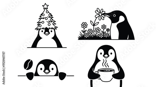 Whimsical cartoon penguins engaging in playful winter activities and expressions Vector