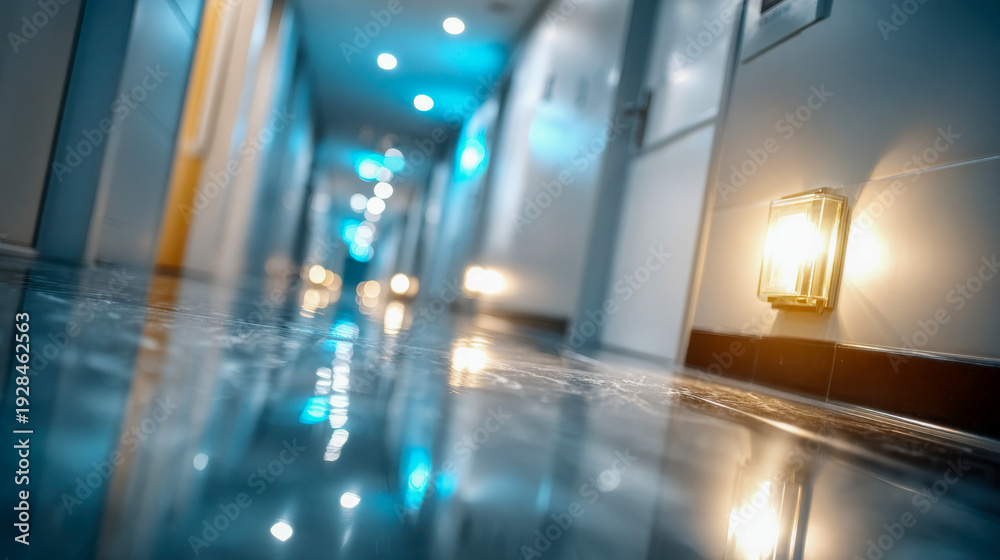 Obraz premium Modern apartment corridor with warm wall light and reflective floor, shallow depth of field