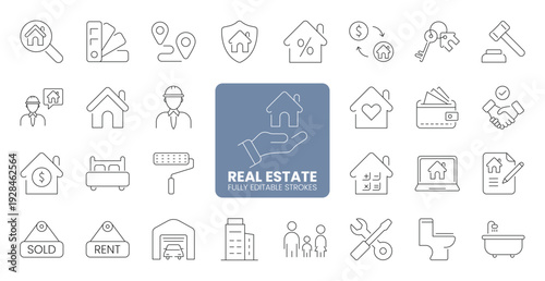 Real estate and property web line icon set featuring house mortgage rent sold contract home protection renovation agent keys investment and construction symbols. Editable stroke
