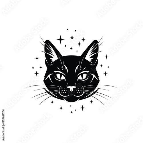 Mysterious black cat with celestial stars in a minimalist line art style Vector