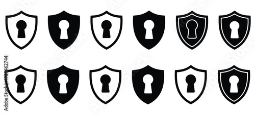 Keyhole in the shield icon vector set, security shield protection with keyhole symbol, shield lock and privacy safety concept, editable vector illustration collection, flat and line style,