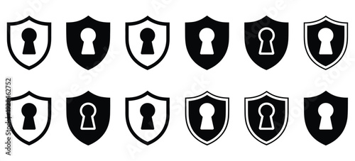 Shield lock and keyhole icon collection, protection and secure access symbol, security shield with keyhole graphic, editable vector graphics, flat and stroke style, modern digital safety and privacy 