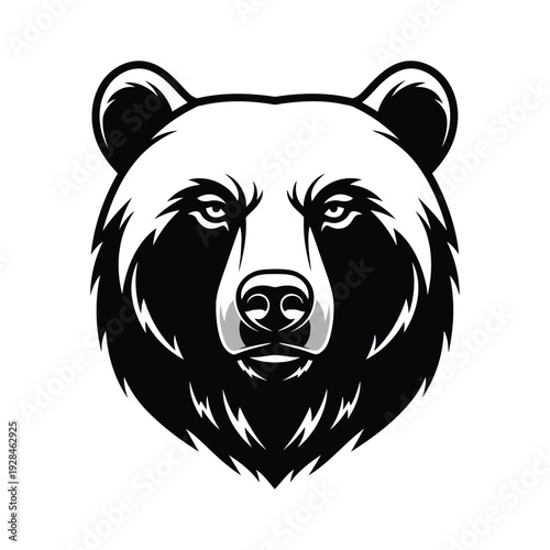 A striking black and white illustration of a bear's face looking directly forward Vector