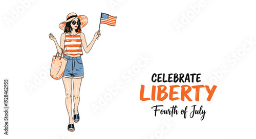 Independence Day illustration with woman holding American flag