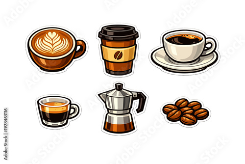 A collection of six coffee-themed stickers featuring a latte with art, a takeaway cup, a cup of black coffee, an espresso shot, a moka pot, and roasted beans on a black background.