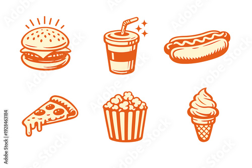 A collection of six stylized fast food icons including a burger, soda, hot dog, pizza, popcorn, and ice cream cone, presented in an orange and cream color palette on a black background.