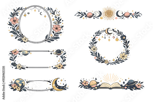 A collection of six celestial and botanical decorative frames and borders featuring flowers, leaves, stars, moons, planets, and an open book in a mystical handdrawn style on a black background.