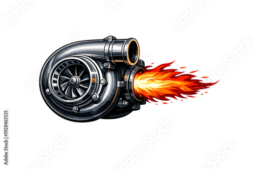 A detailed digital illustration of a metallic turbocharger with bright orange and yellow flames shooting out of the exhaust port against a solid black background.