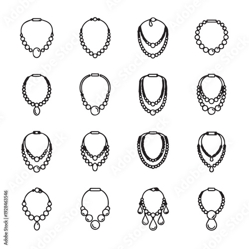Collection of Necklace Icons with Pearls and Pendants on White Background