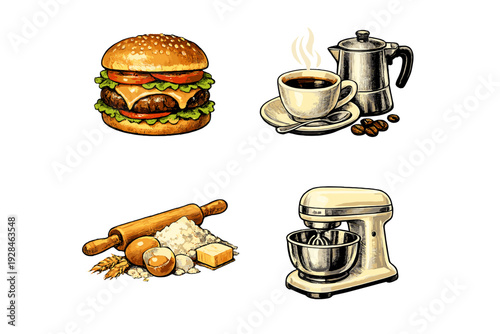 Vintage hand-drawn illustrations of a cheeseburger, coffee set with moka pot, baking ingredients like flour and eggs, and a stand mixer, all isolated on a black background.