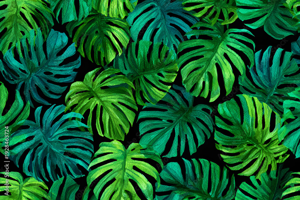 Fototapeta premium Green leaves arranged in a pattern showing details of tropical plants in a bright and vibrant setting
