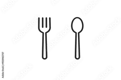 A minimalist white line art illustration featuring a fork and a spoon positioned vertically side by side against a solid black background. Simple and clean dining icon design.