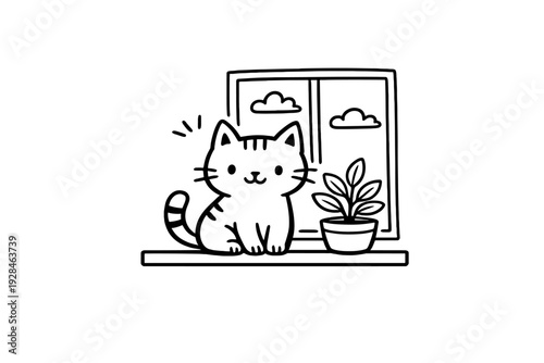 This minimalist black and white line art illustration features a cute cat sitting on a windowsill next to a potted plant, with a window and clouds in the background.