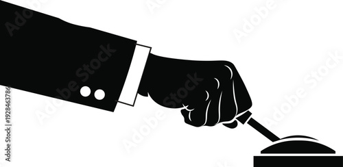 Black silhouette of a businessman's arm holding a control handle. Machine start, activation glyph symbol isolated on a white background