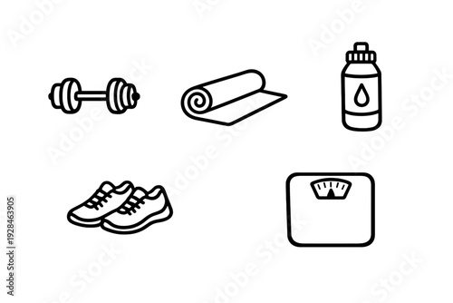 A collection of five minimalist line icons representing fitness and gym equipment, including a dumbbell, yoga mat, water bottle, sneakers, and a weighing scale on a dark background.