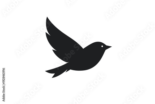 A minimalist black silhouette of a bird in flight is centered against a solid black background. The bird is depicted in profile with its wing raised and a visible eye.