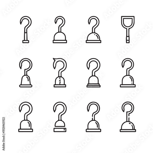 Collection of Pirate Hook Icons and a Spade Symbol on White Background