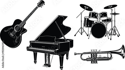 Black and white musical instrument illustration, acoustic guitar, grand piano, drum set, trumpet artwork, detailed design, diverse music expression