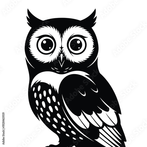 Elegant black and white illustration of an owl with piercing eyes and calm expression Vector
