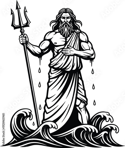 Black and white Poseidon illustration, Greek god of sea with trident, ocean waves artwork, mythological figure design, ancient mythology drawing