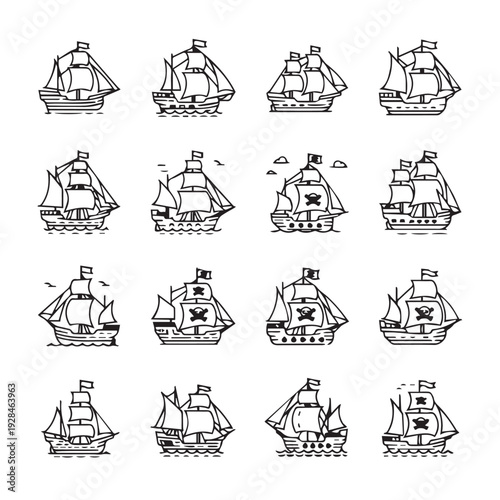 Collection of Pirate Ships and Sailing Vessels in Line Art Style