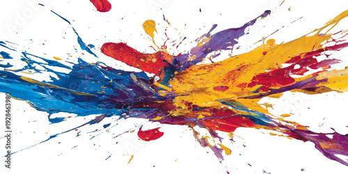 An artistic watercolor background features a vibrant rainbow design with abstract ink splashes and paint splatters on a textured paper pattern