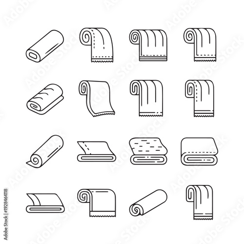 Collection of Rolled and Folded Towels Icons Simple Line Art Style