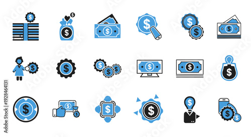Collection of financial icons representing money and transactions.