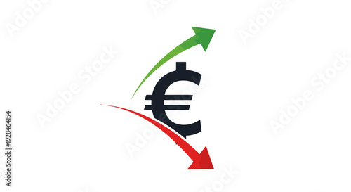 Euro currency symbol with opposing green and red arrows indicating fluctuation.
