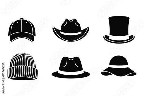 Headwear Icons: Cap, Cowboy Hat, Top Hat, Beanie, Fedora, Sun Hat